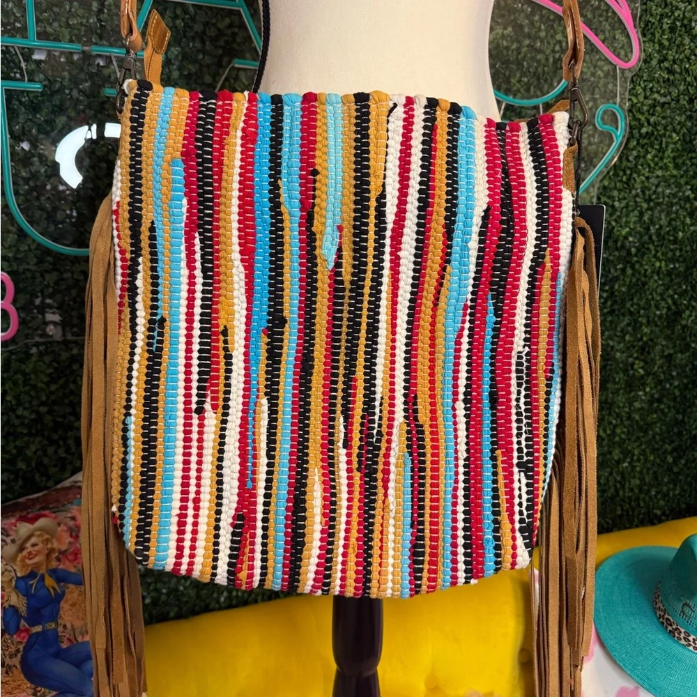 American Darling Hand Tooled Leather Multicolor Striped Saddle Bag‎ w/Fringe NWT